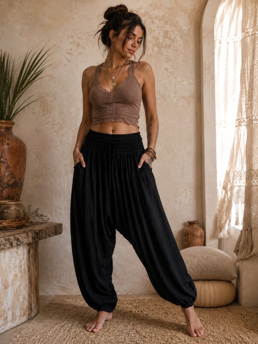 Flower Black Rayon Balloon Harem Pants Free Size Medium Boho Drawstring Pockets